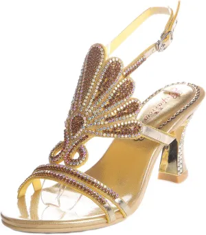 Honeystore Women's Rhinestone Peacock Patterned Handmade Sandals with Chunky Heel