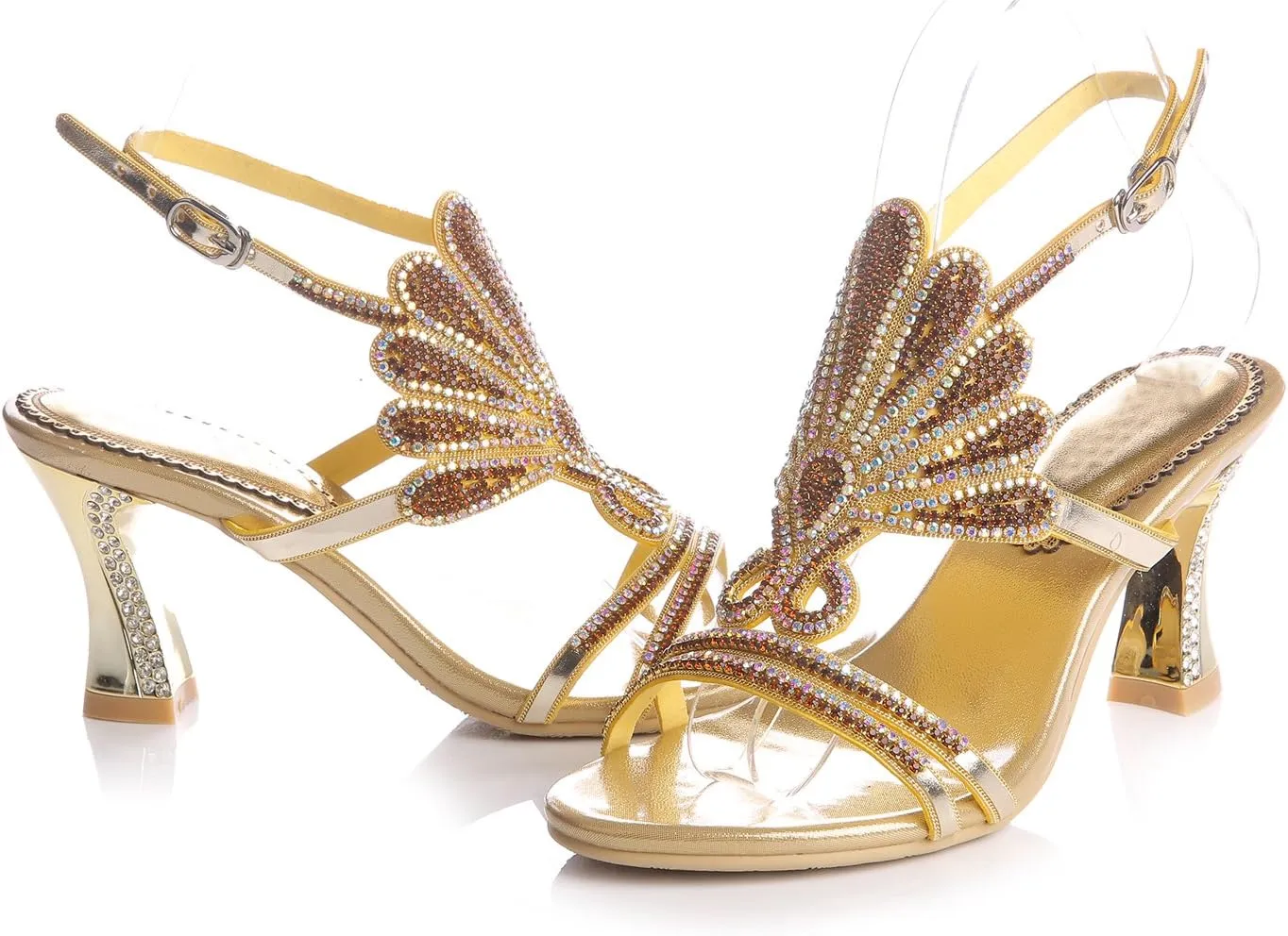 Honeystore Women's Rhinestone Peacock Patterned Handmade Sandals with Chunky Heel