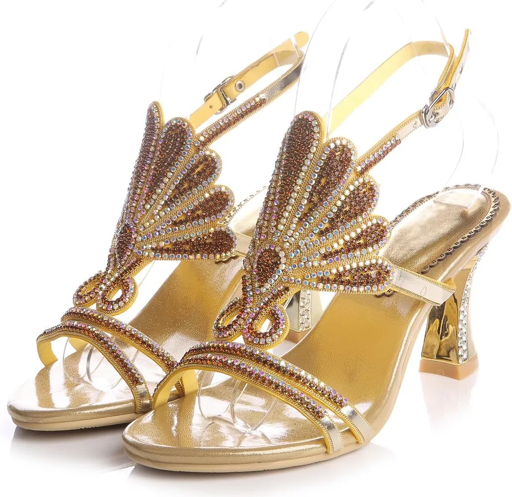 Honeystore Women's Rhinestone Peacock Patterned Handmade Sandals with Chunky Heel