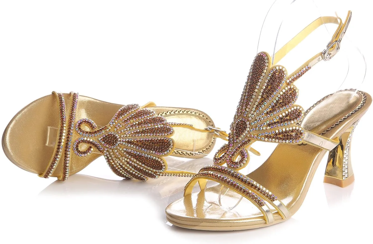 Honeystore Women's Rhinestone Peacock Patterned Handmade Sandals with Chunky Heel
