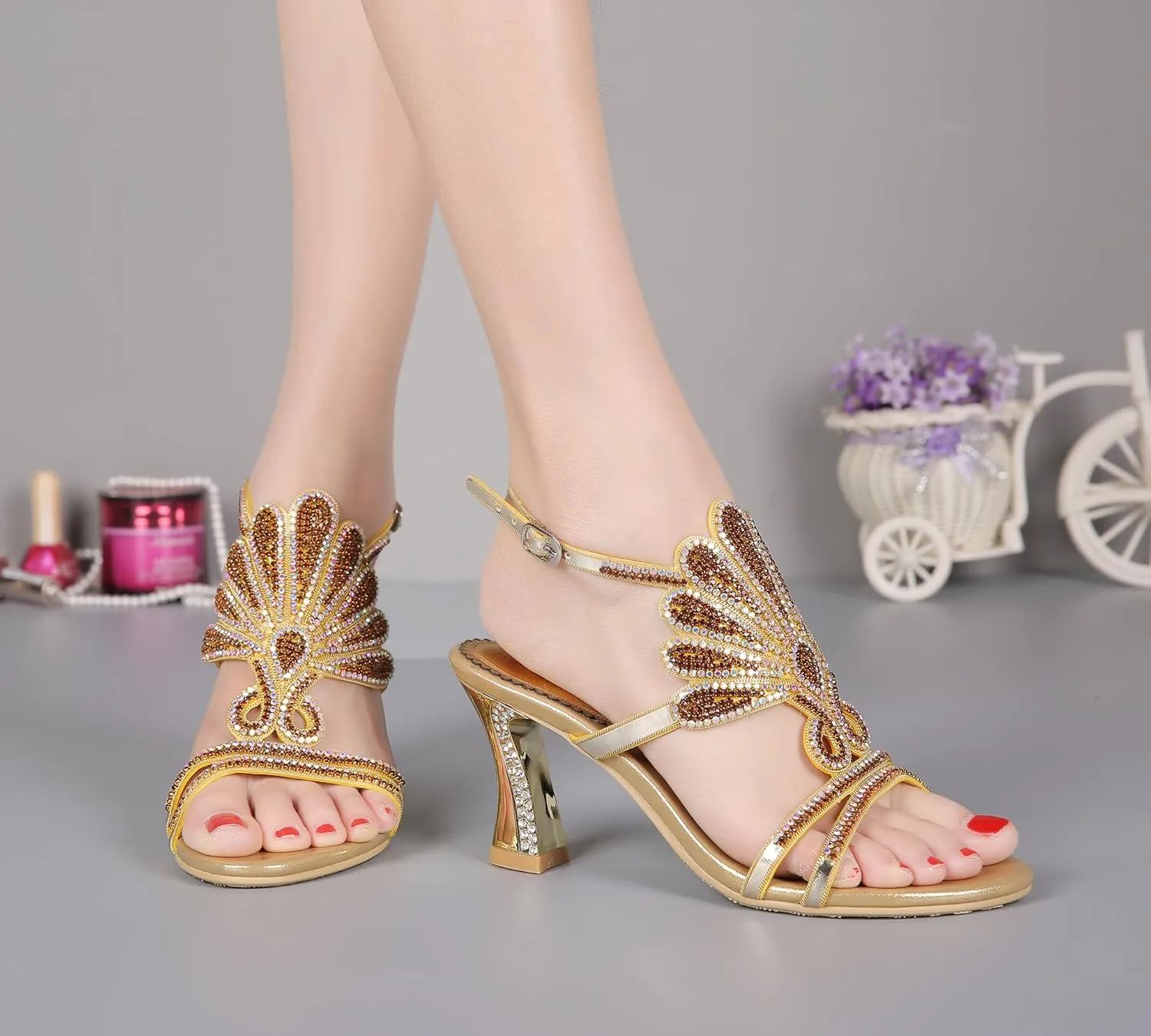 Honeystore Women's Rhinestone Peacock Patterned Handmade Sandals with Chunky Heel