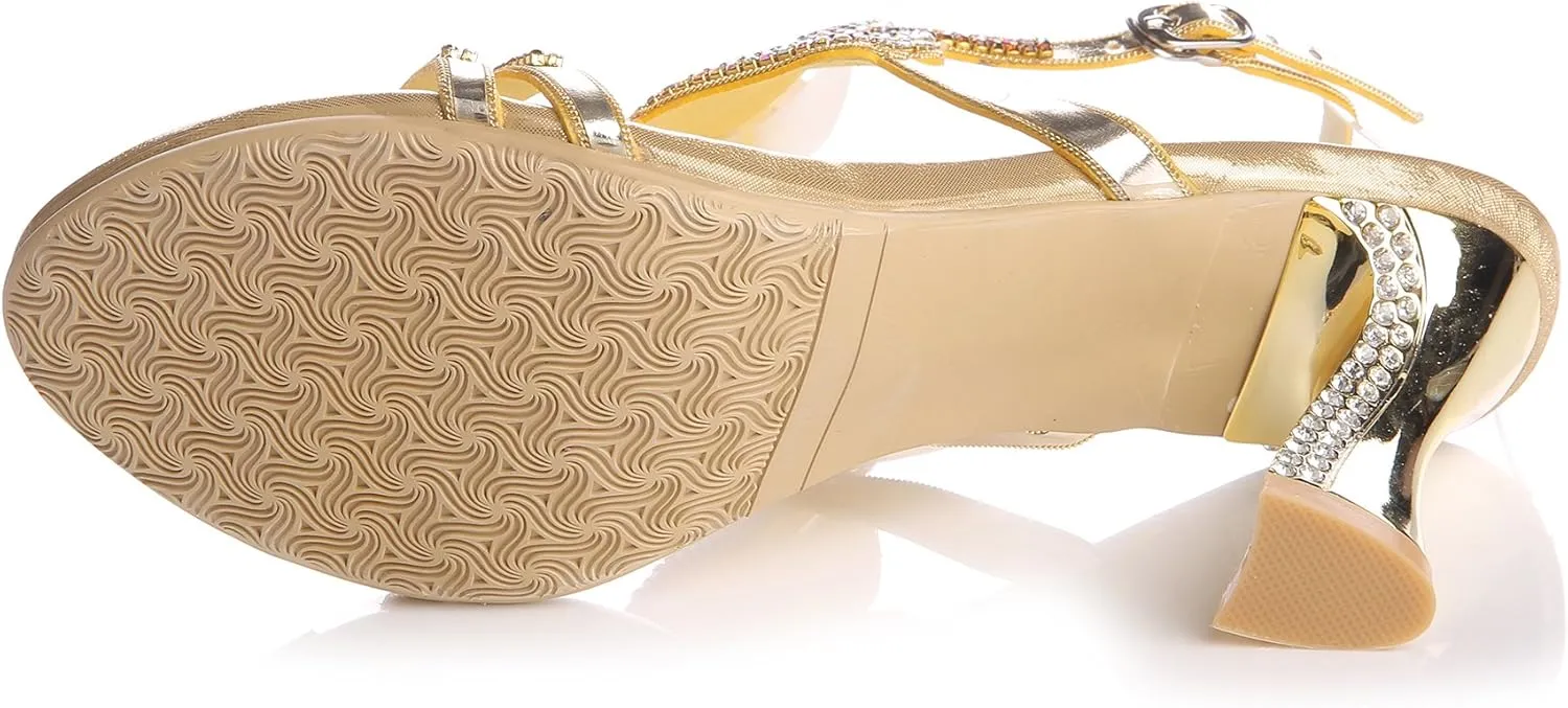 Honeystore Women's Rhinestone Peacock Patterned Handmade Sandals with Chunky Heel