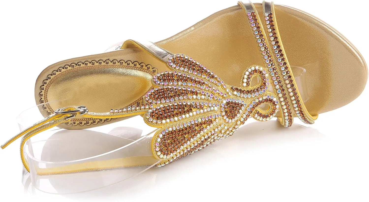Honeystore Women's Rhinestone Peacock Patterned Handmade Sandals with Chunky Heel