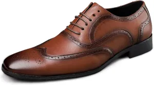 HOOENG Dress Oxford for Men Lace Up Brogue Embossed Burnished Wing Tip Vegan Leather Block Heel Anti-Slip Rubber Sole Low Top Classic (Color : Brown, Size : 9)