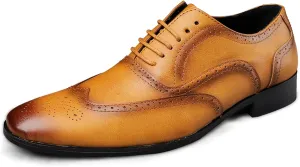 HOOENG Dress Oxford for Men Lace Up Brogue Embossed Burnished Wing Tip Vegan Leather Block Heel Anti-Slip Rubber Sole Low Top Classic (Color : Yellow, Size : 7)
