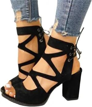 HOTRA Women Lace Up Strappy Pumps Vegan Sandals Open Toe Chunky Block High Heel Dress Party Sandal Shoes (Color : Black, Size : 4 US)