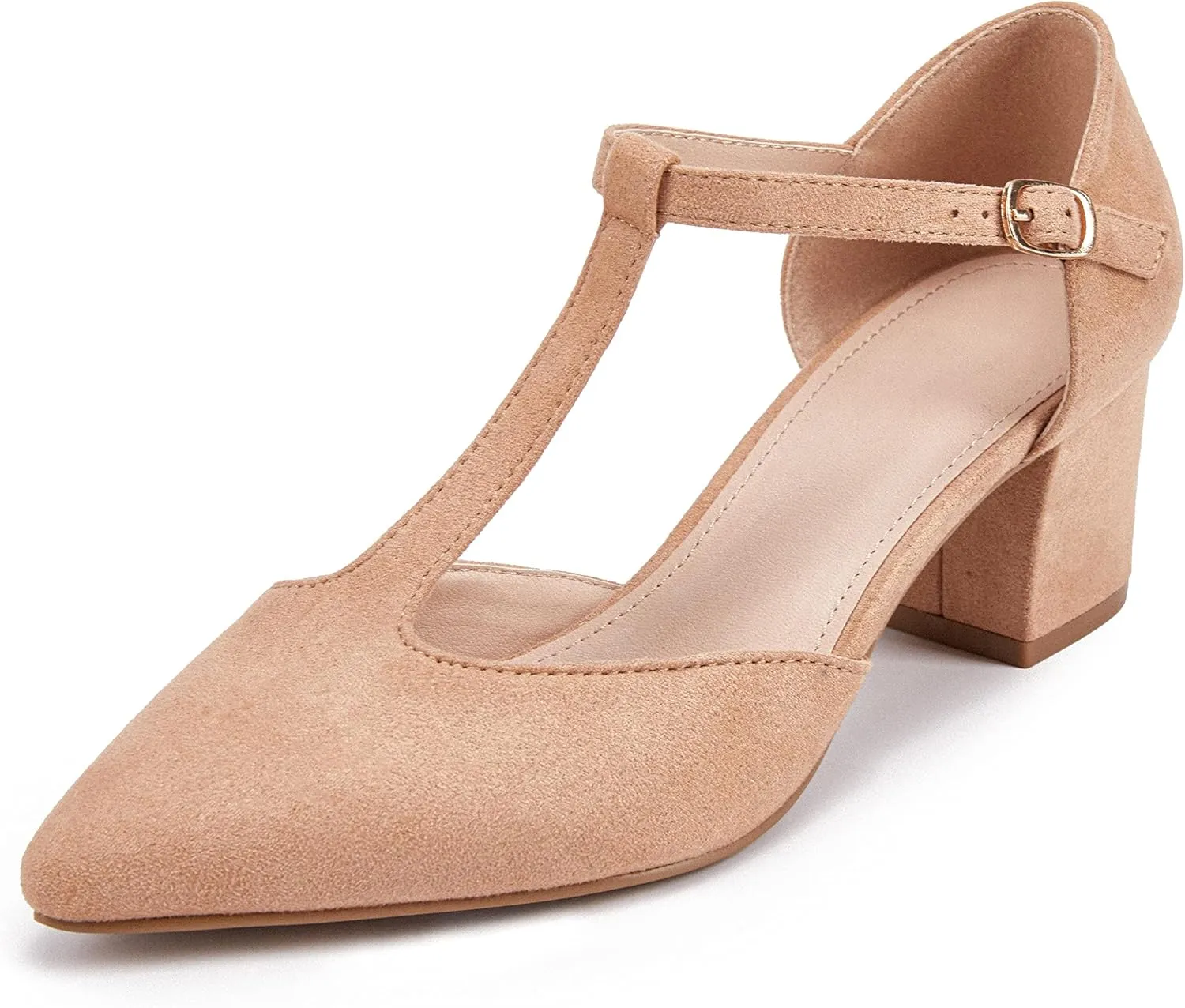 Huiyuzhi Women's T-Strap Pointed Toe Ankle Buckle Chunky Block Heel Pumps