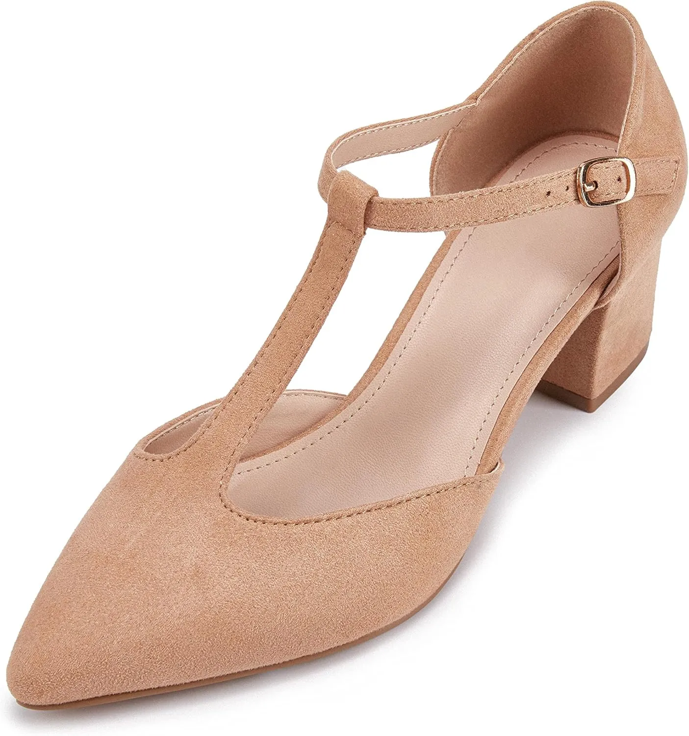 Huiyuzhi Women's T-Strap Pointed Toe Ankle Buckle Chunky Block Heel Pumps