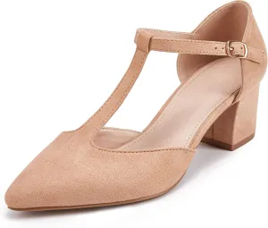 Huiyuzhi Women's T-Strap Pointed Toe Ankle Buckle Chunky Block Heel Pumps
