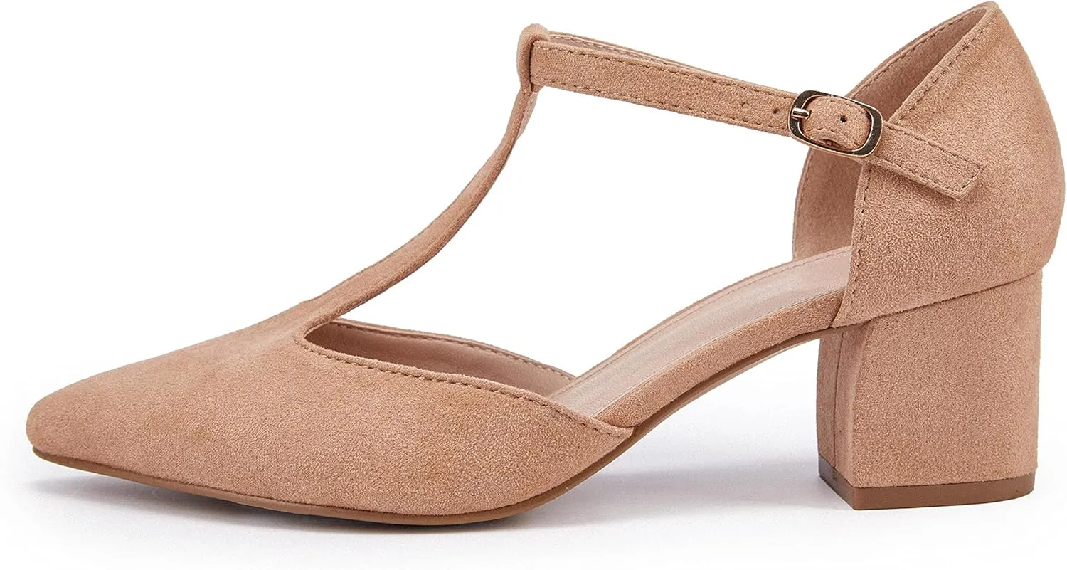 Huiyuzhi Women's T-Strap Pointed Toe Ankle Buckle Chunky Block Heel Pumps