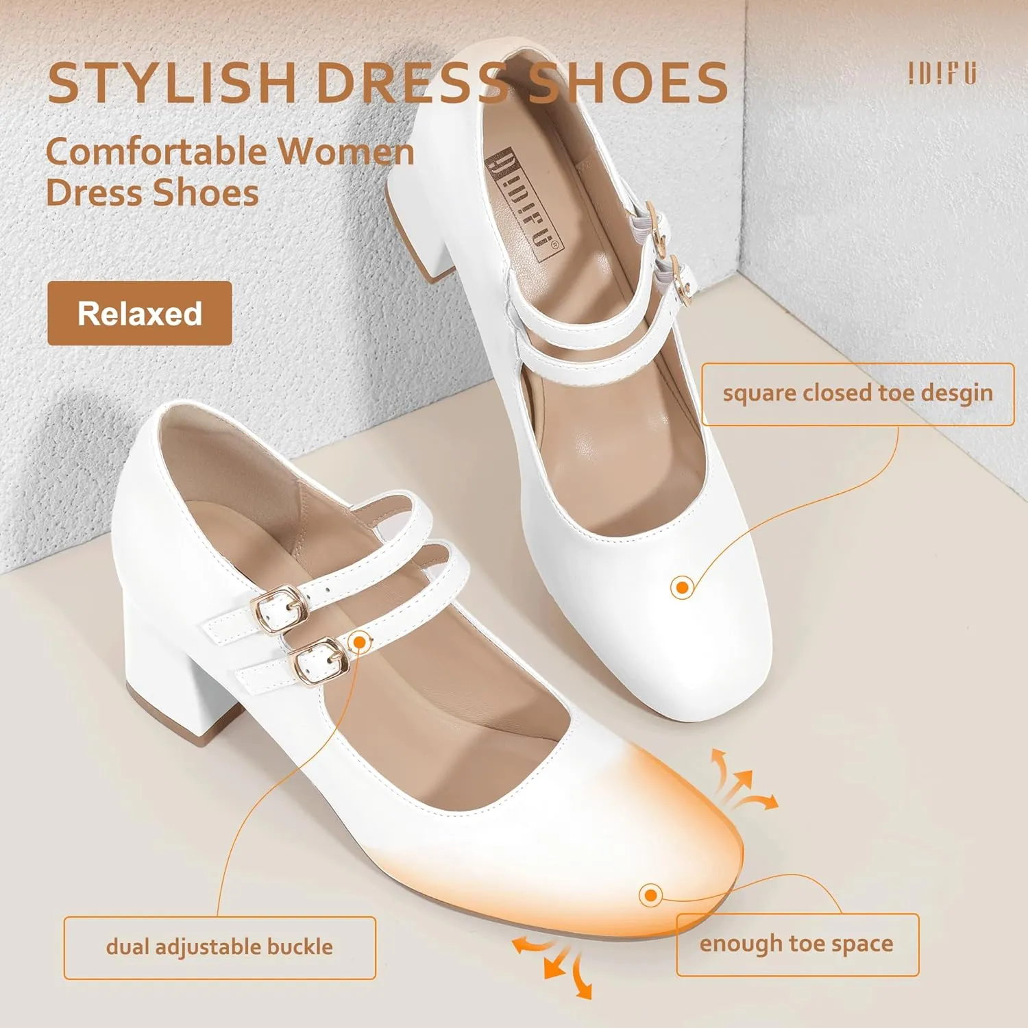 IDIFU IN2 Mary Jane Shoes Women Dress Shoes Women's Pumps Chunky Low Block Heels Square Closed Toe Strappy Wedding Business Bride Comfortable Short Graduation Two Strap Cute Vintage Heels Pumps Shoes