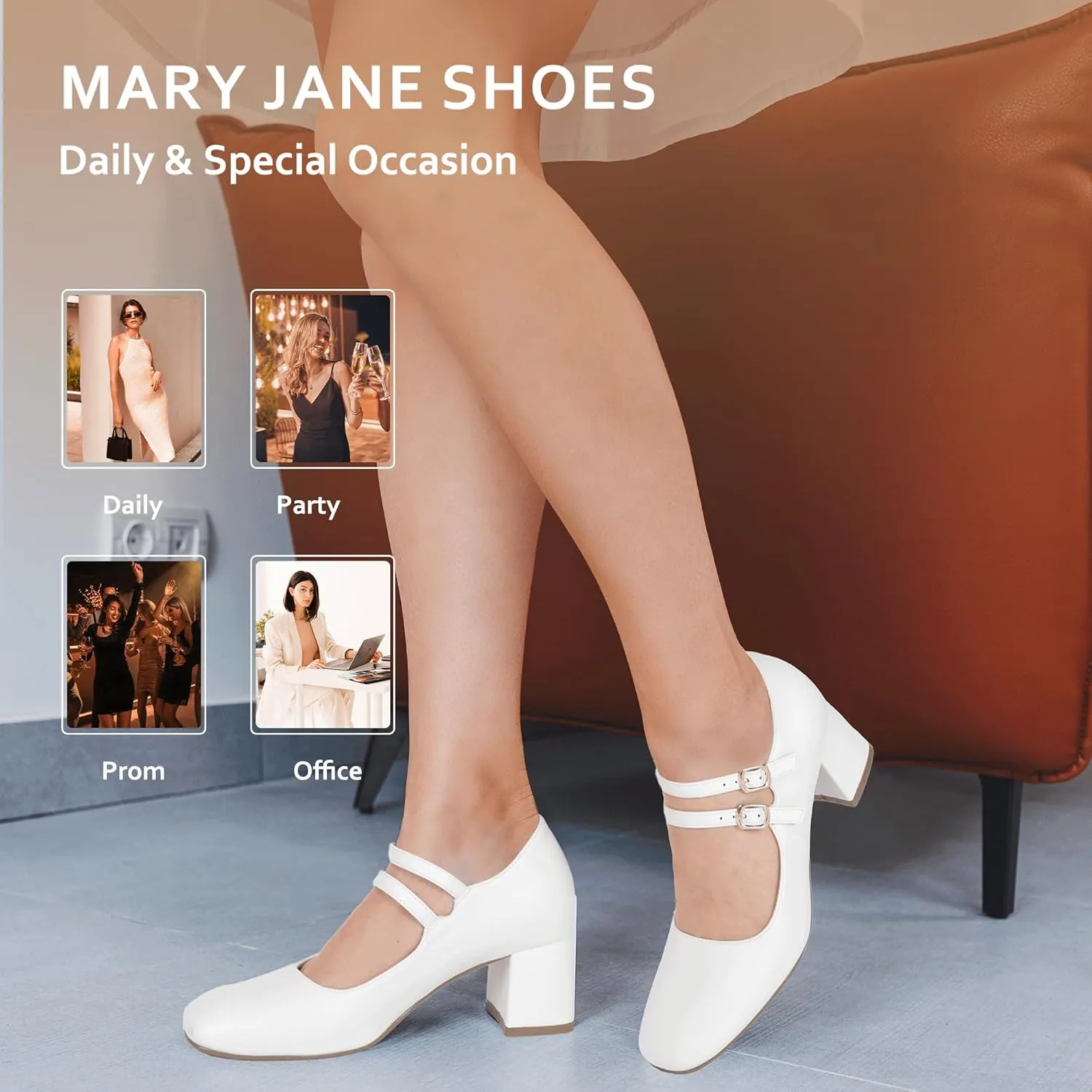 IDIFU IN2 Mary Jane Shoes Women Dress Shoes Women's Pumps Chunky Low Block Heels Square Closed Toe Strappy Wedding Business Bride Comfortable Short Graduation Two Strap Cute Vintage Heels Pumps Shoes