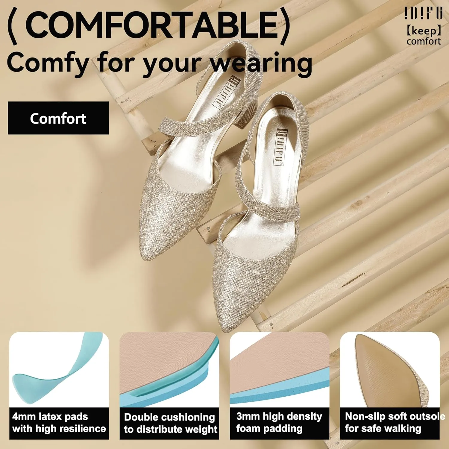 IDIFU IN2 Women's Pumps Closed Toe Strappy Heels Low Block Chunky Heels Dressy Wedding Bride Bridesmaid Prom Graduation Business Dress Shoes for Women Comfortable Formal Pointed Toe Short Small Heels