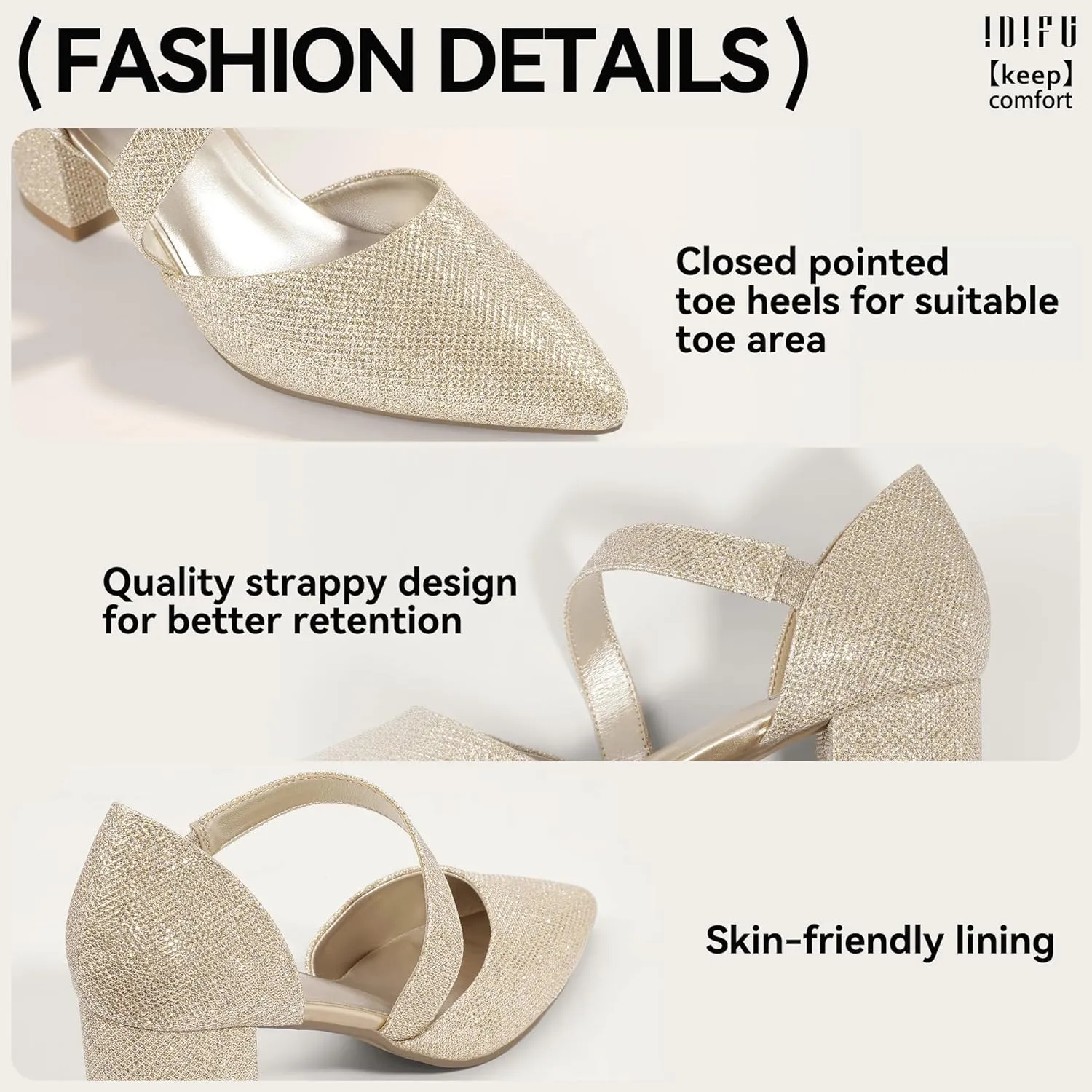 IDIFU IN2 Women's Pumps Closed Toe Strappy Heels Low Block Chunky Heels Dressy Wedding Bride Bridesmaid Prom Graduation Business Dress Shoes for Women Comfortable Formal Pointed Toe Short Small Heels