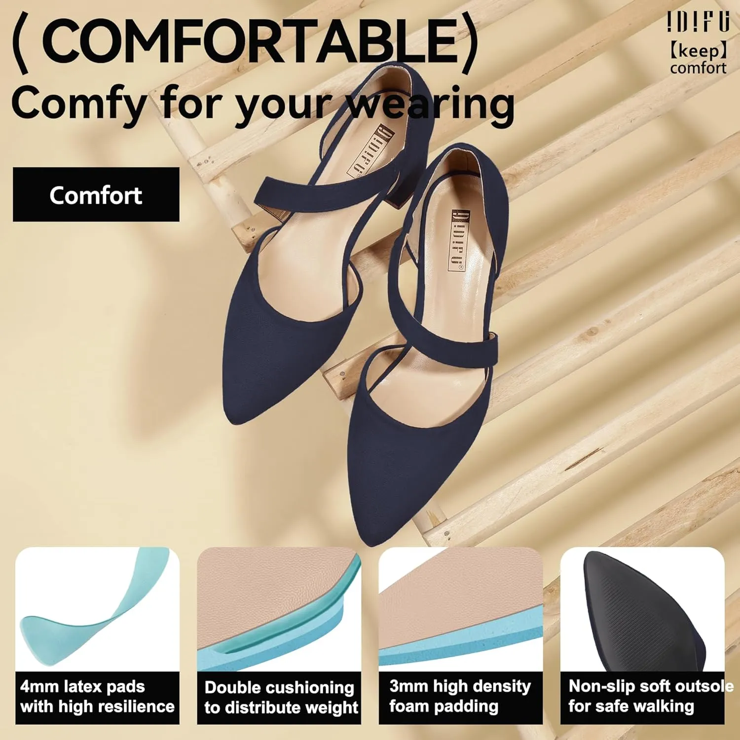 IDIFU IN2 Women's Pumps Closed Toe Strappy Heels Low Block Chunky Heels Dressy Wedding Bride Bridesmaid Prom Graduation Business Dress Shoes for Women Comfortable Formal Pointed Toe Short Small Heels