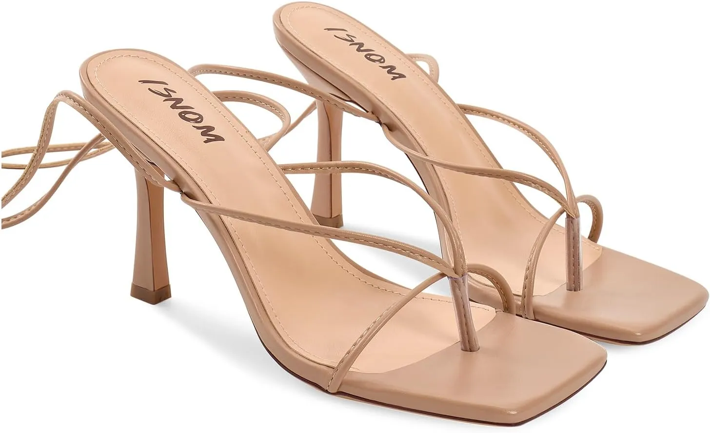 ISNOM Lace Up Heels Sandals for Women, Square Toe, Open Toe Thong, Stiletto Heels Design