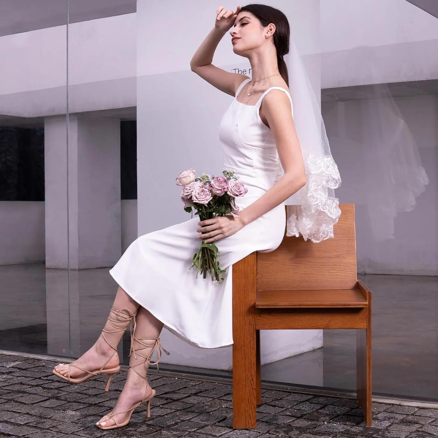 ISNOM Lace Up Heels Sandals for Women, Square Toe, Open Toe Thong, Stiletto Heels Design