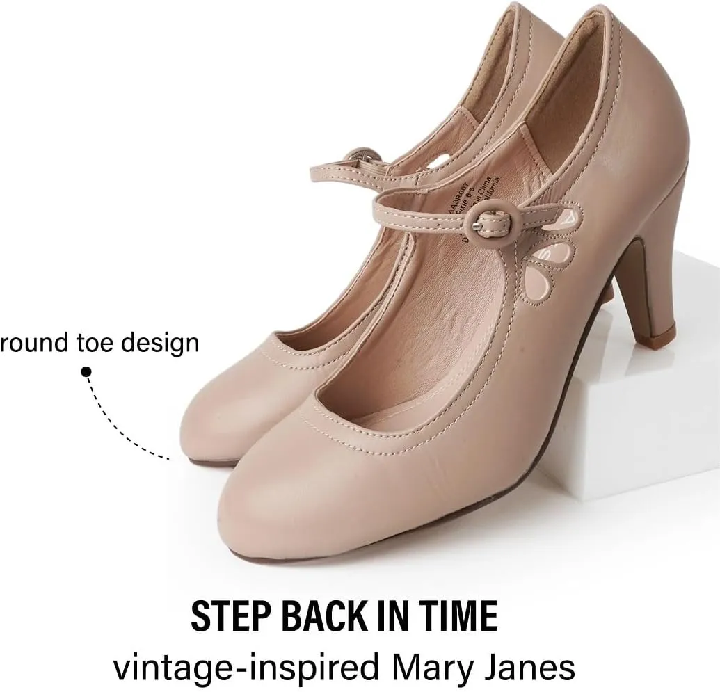 J. Adams Pixie Mary Jane Shoes Women Oxford Pumps - Cute Low Kitten High Heels - Retro Vintage Shoes for Women 1950s Mary Janes Round Toe Shoe with Ankle Strap - Women Dress Shoes