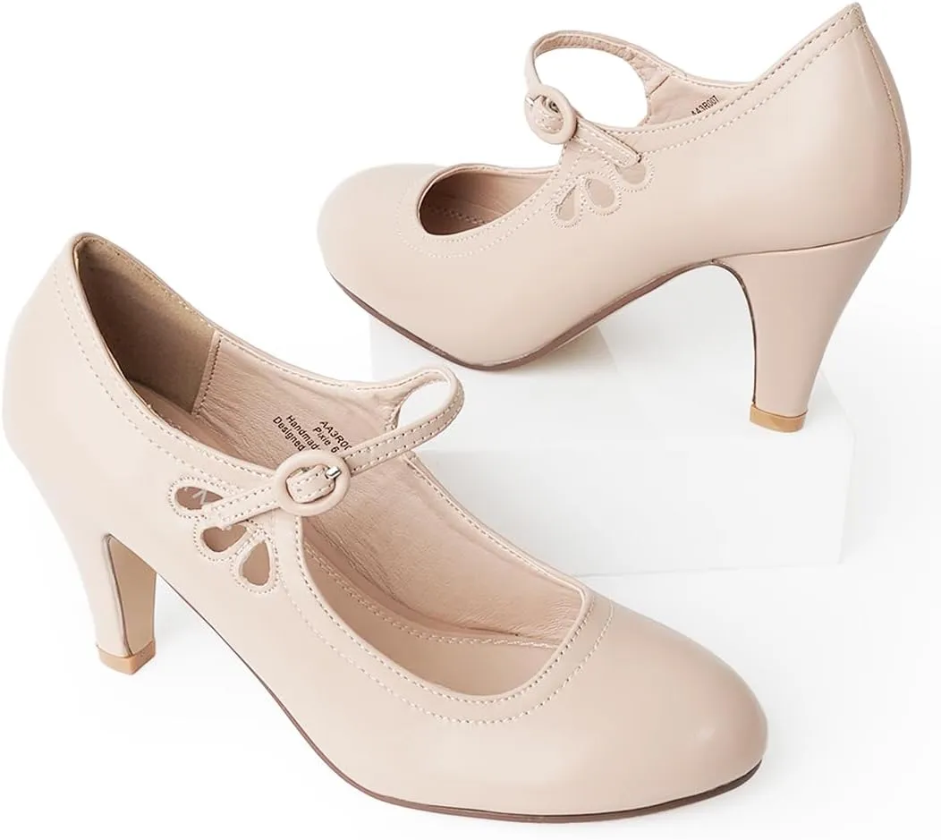 J. Adams Pixie Mary Jane Shoes Women Oxford Pumps - Cute Low Kitten High Heels - Retro Vintage Shoes for Women 1950s Mary Janes Round Toe Shoe with Ankle Strap - Women Dress Shoes