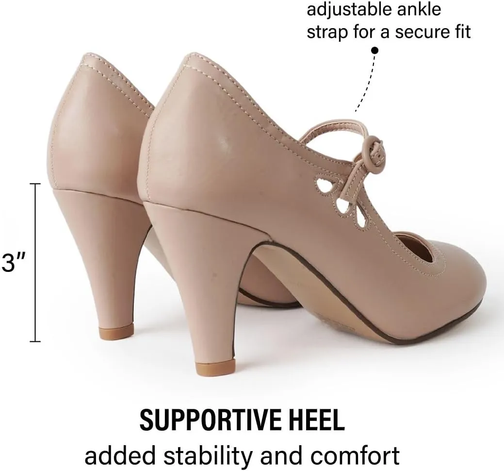 J. Adams Pixie Mary Jane Shoes Women Oxford Pumps - Cute Low Kitten High Heels - Retro Vintage Shoes for Women 1950s Mary Janes Round Toe Shoe with Ankle Strap - Women Dress Shoes