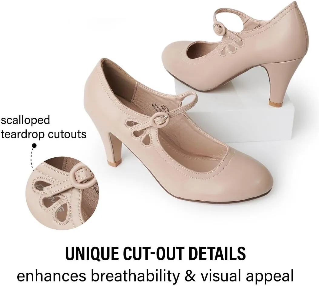 J. Adams Pixie Mary Jane Shoes Women Oxford Pumps - Cute Low Kitten High Heels - Retro Vintage Shoes for Women 1950s Mary Janes Round Toe Shoe with Ankle Strap - Women Dress Shoes