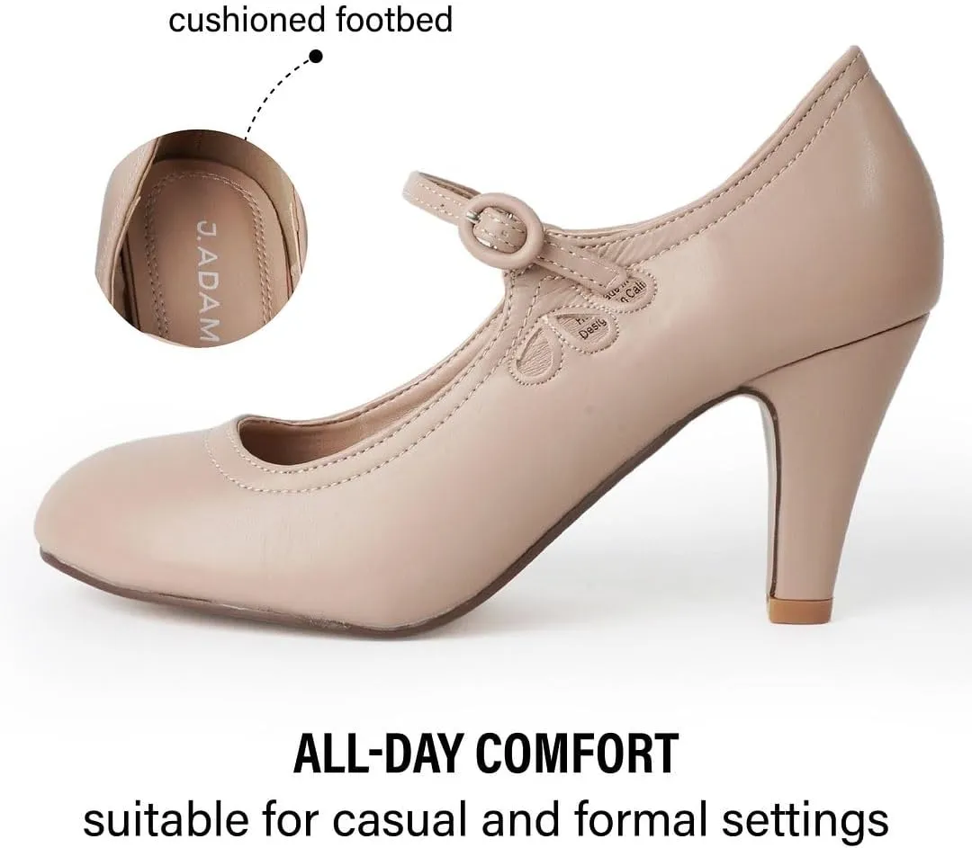 J. Adams Pixie Mary Jane Shoes Women Oxford Pumps - Cute Low Kitten High Heels - Retro Vintage Shoes for Women 1950s Mary Janes Round Toe Shoe with Ankle Strap - Women Dress Shoes