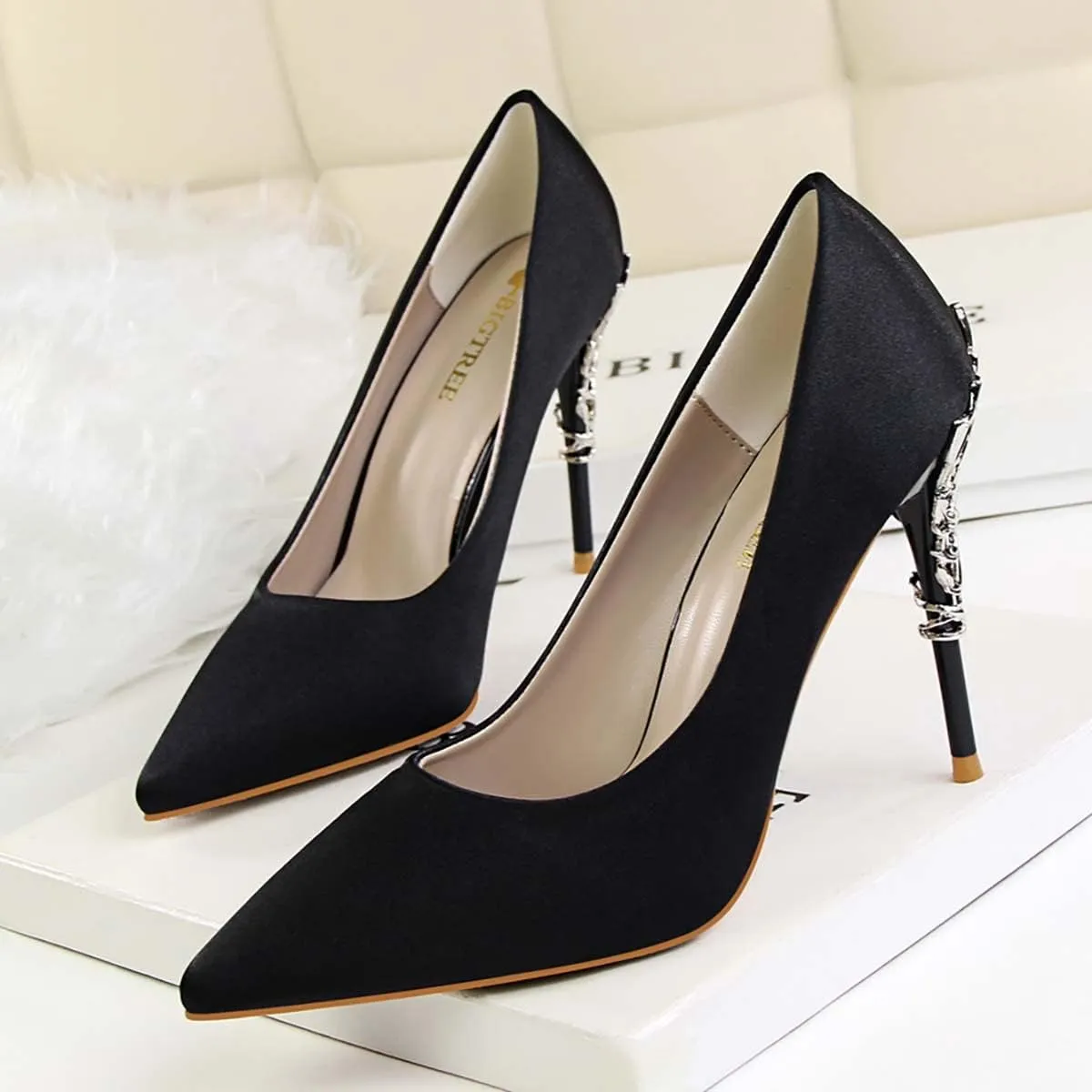 JOEupin Women's Satin Pointed Toe High Heel Dress Pump Shoes for Bridal Evening Party Pumps