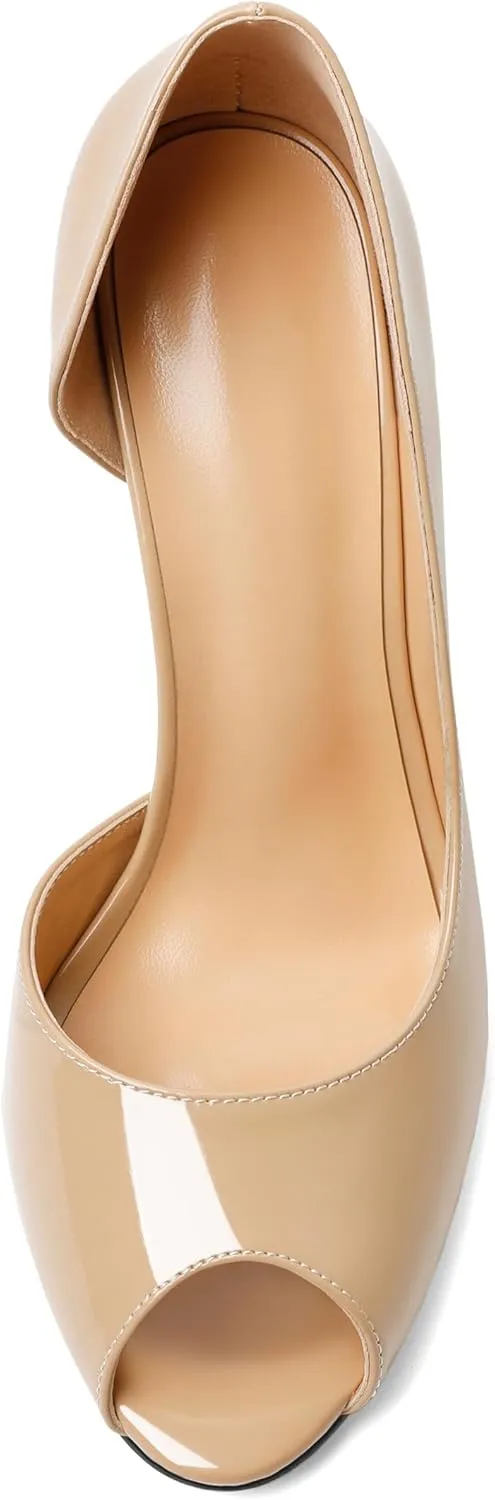 Joseywade Peep Toe High Heels for Women Stiletto Heel Pumps Slip-On Open Toe 4 Inch Flare Heel Dress Shoes