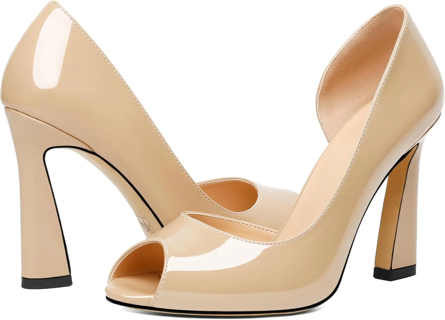 Joseywade Peep Toe High Heels for Women Stiletto Heel Pumps Slip-On Open Toe 4 Inch Flare Heel Dress Shoes