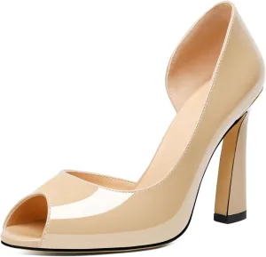 Joseywade Peep Toe High Heels for Women Stiletto Heel Pumps Slip-On Open Toe 4 Inch Flare Heel Dress Shoes