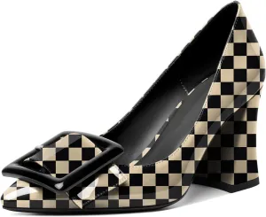 Joseywade Womens Chunky Heels High Block Heel Round Closed Toe Pumps Slip-on 3.5" Dress Shoes