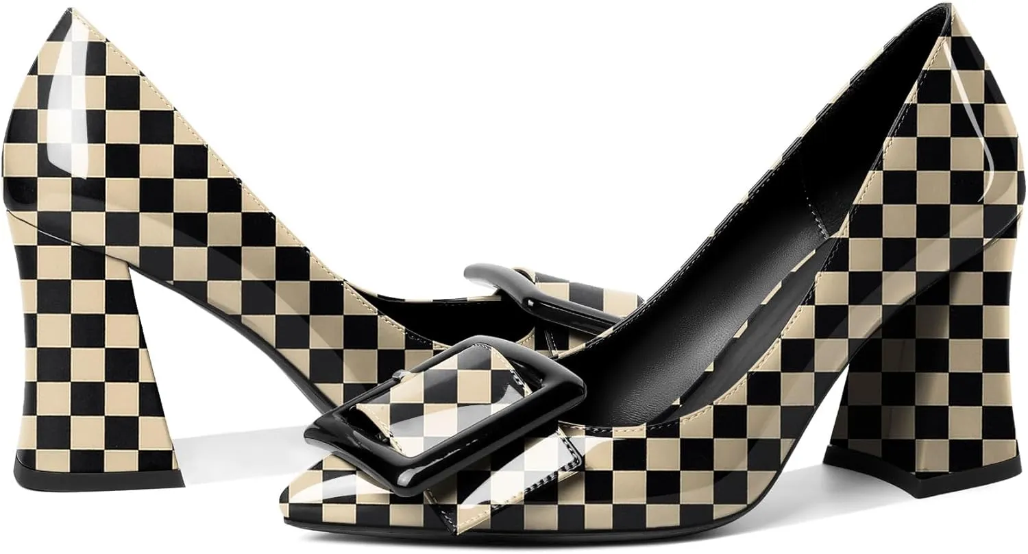 Joseywade Womens Chunky Heels High Block Heel Round Closed Toe Pumps Slip-on 3.5" Dress Shoes