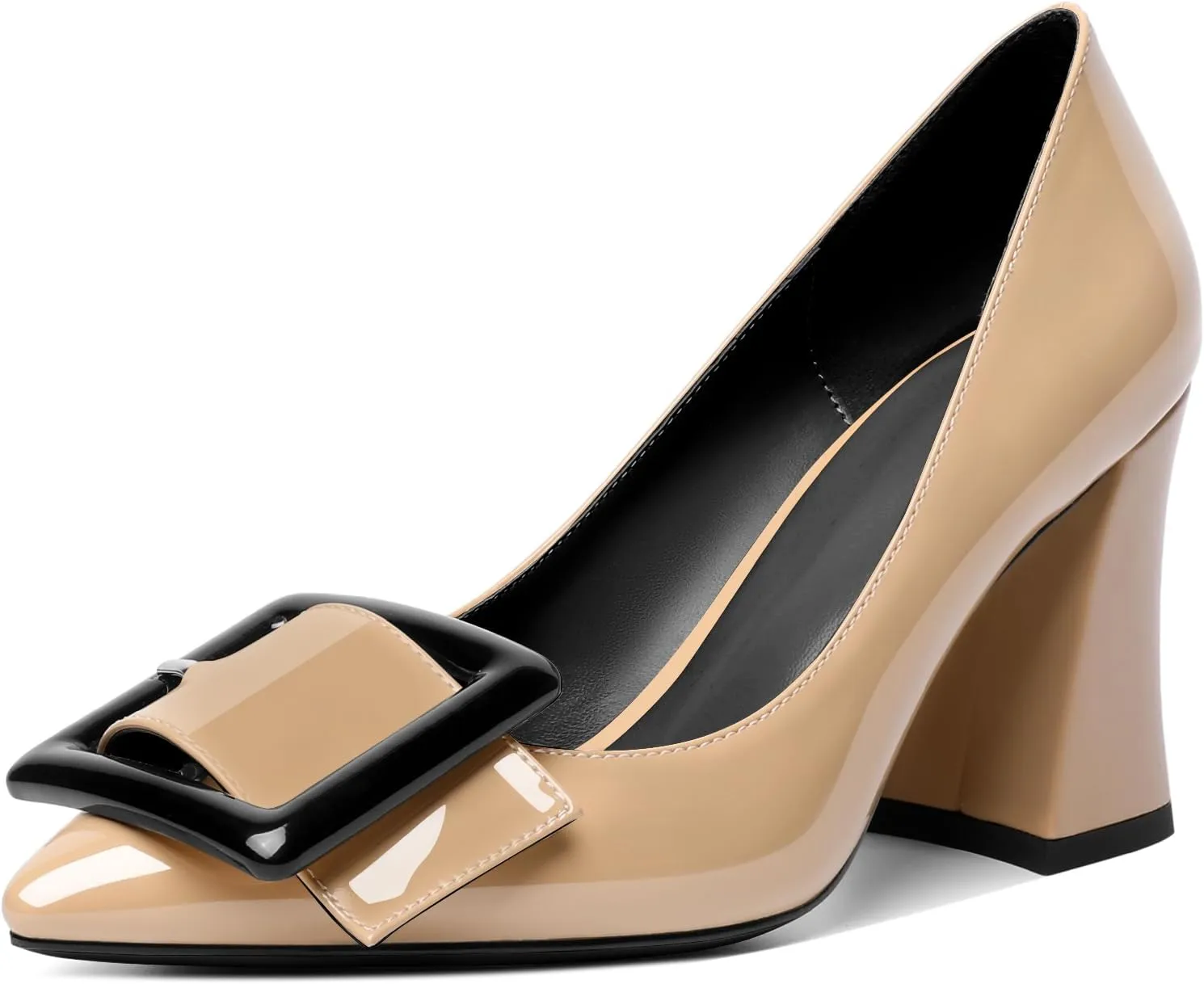Joseywade Womens Chunky Heels High Block Heel Round Closed Toe Pumps Slip-on 3.5" Dress Shoes
