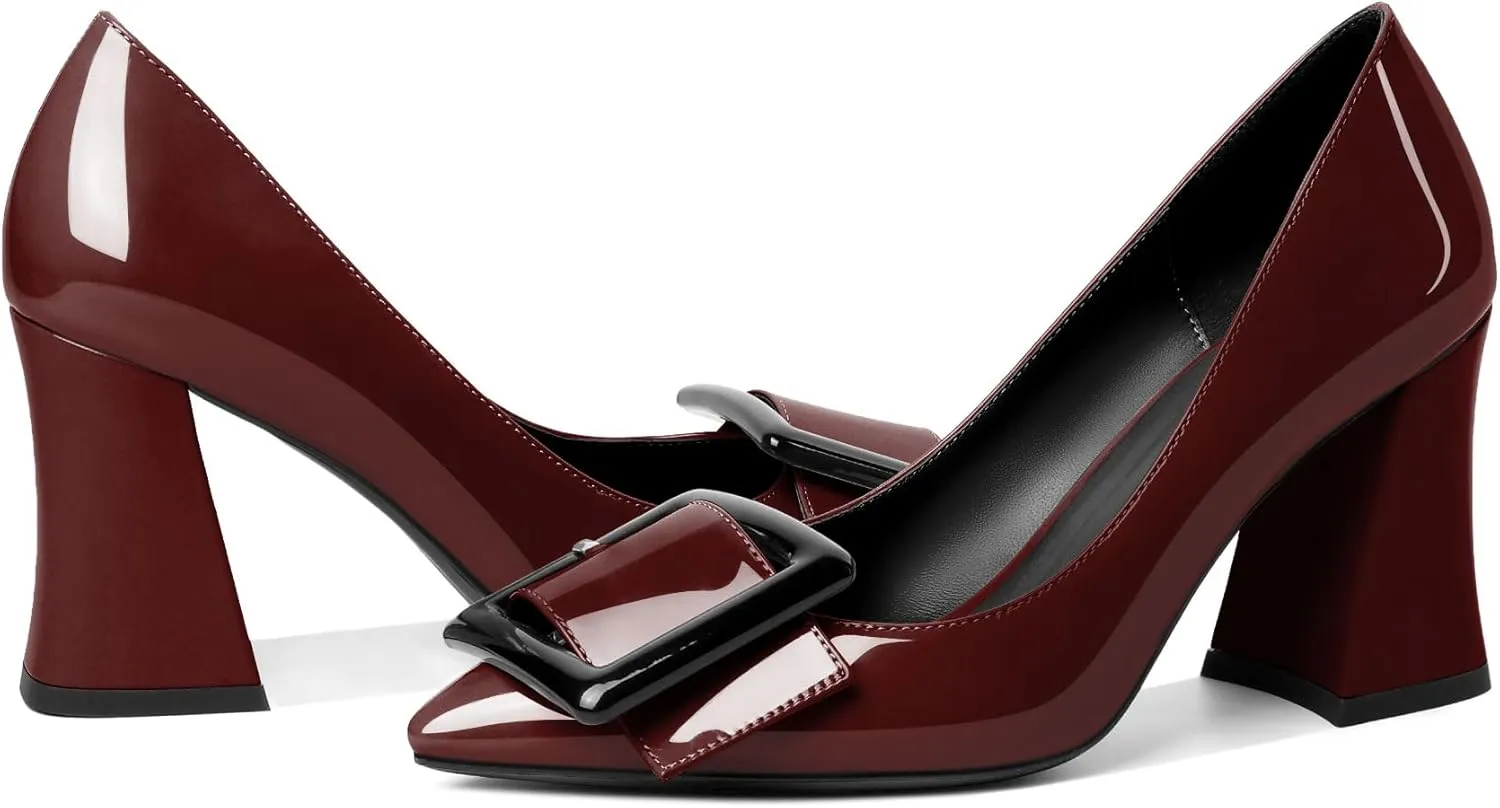 Joseywade Womens Chunky Heels High Block Heel Round Closed Toe Pumps Slip-on 3.5" Dress Shoes