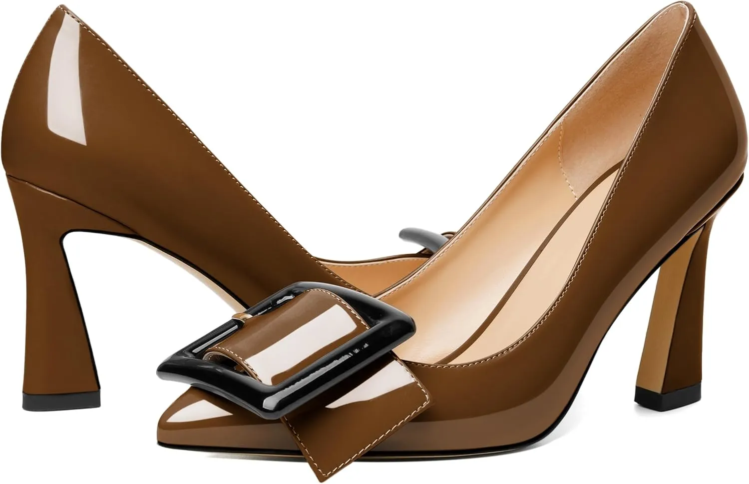 Joseywade Womens High Stilettos Heels Pointed Toe Pumps Slip-on Closed Toe Big Buckle 3.5 Inch Flare Heel Dress Shoes