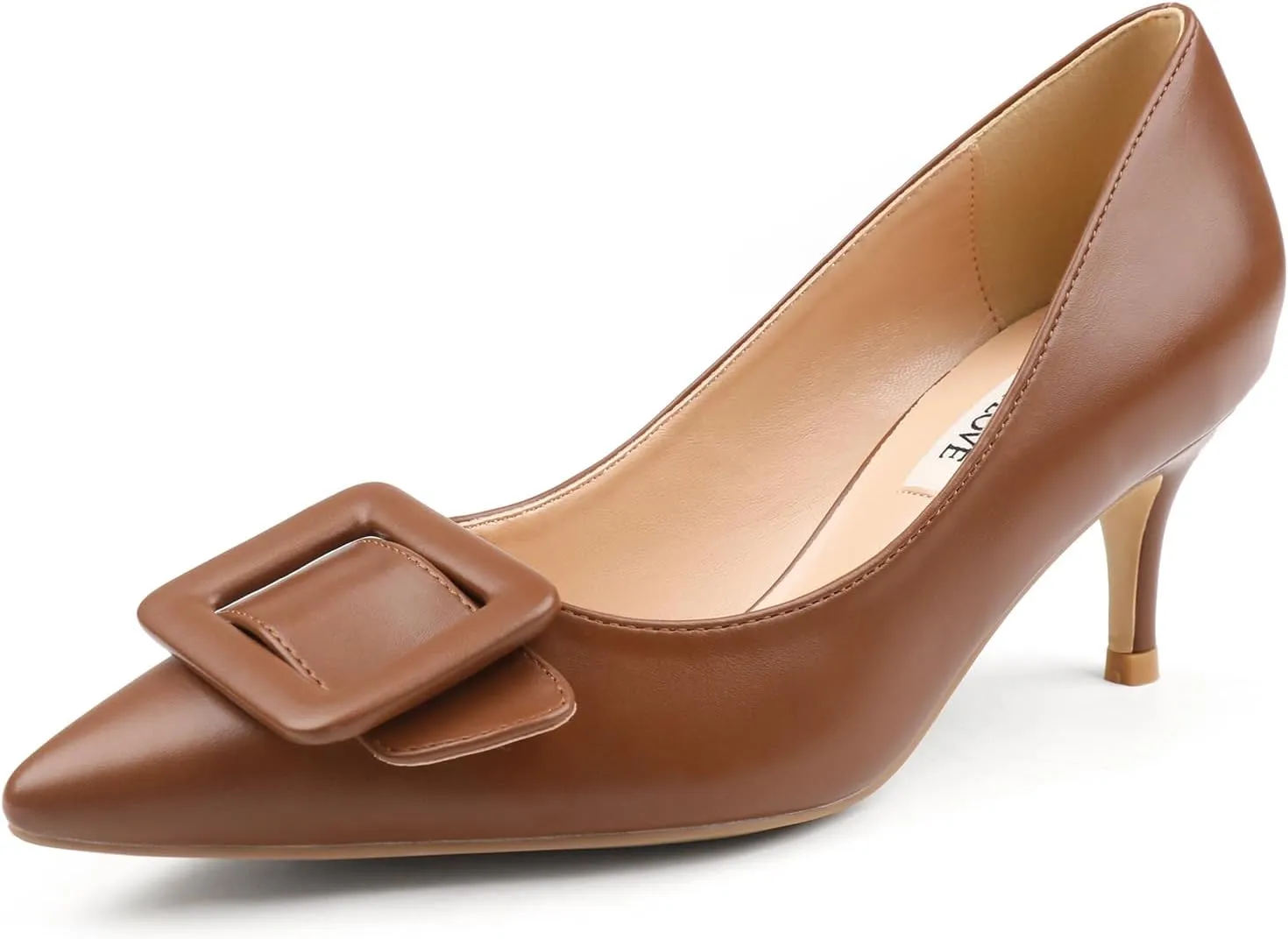 JOY IN LOVE Women's Kitten Heel Pumps Pointed Toe Square-Buckle Office Dress Pump Shoes