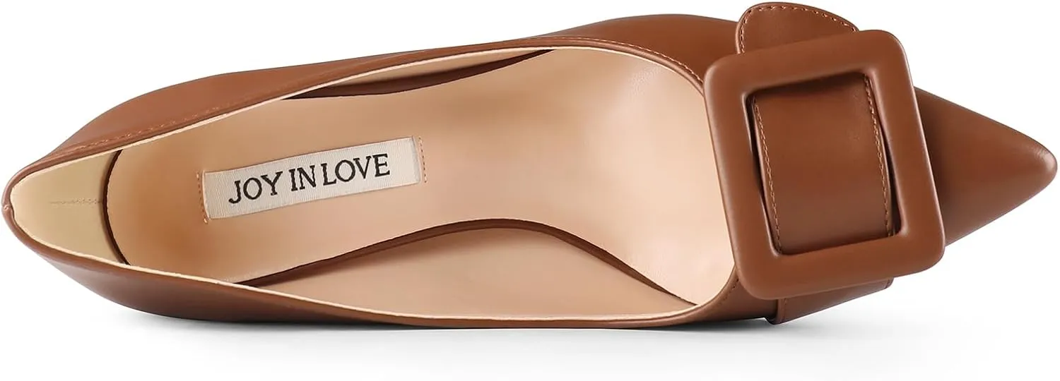 JOY IN LOVE Women's Kitten Heel Pumps Pointed Toe Square-Buckle Office Dress Pump Shoes