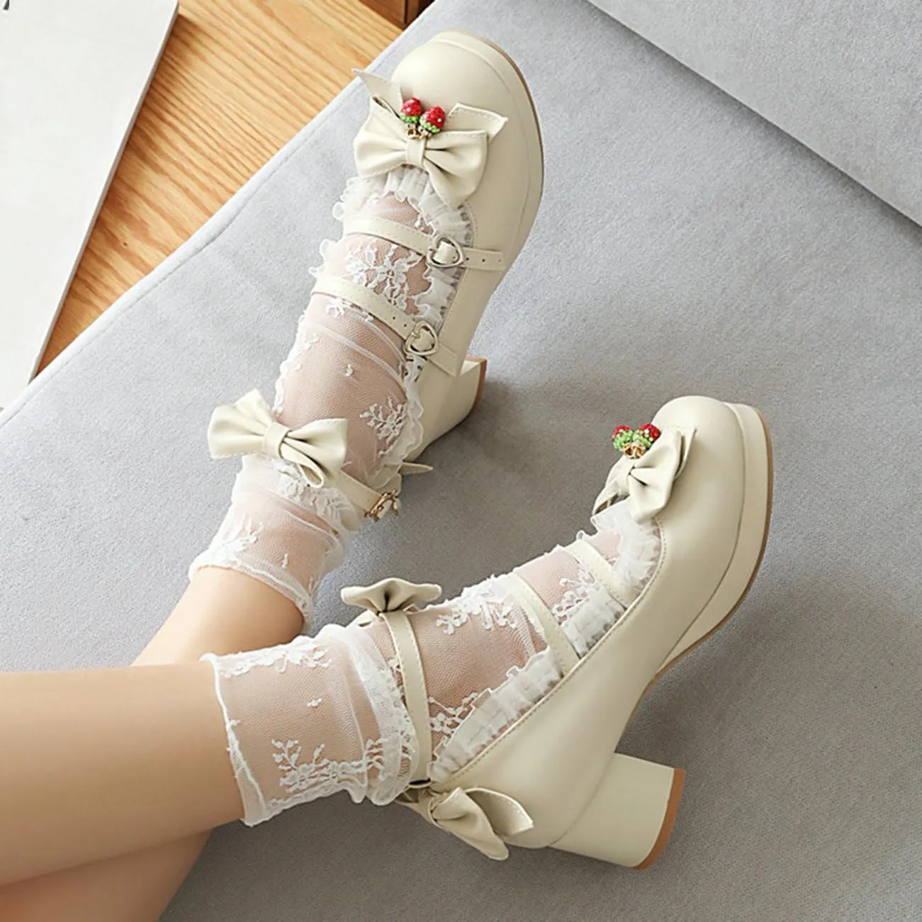 LUXMAX Women Cute Shoes Kawaii Pumps Mid Block Heel Mary Janes Platform Sweet Cosplay Dress Shoes Strappy Ankle Strap Pumps with Bow