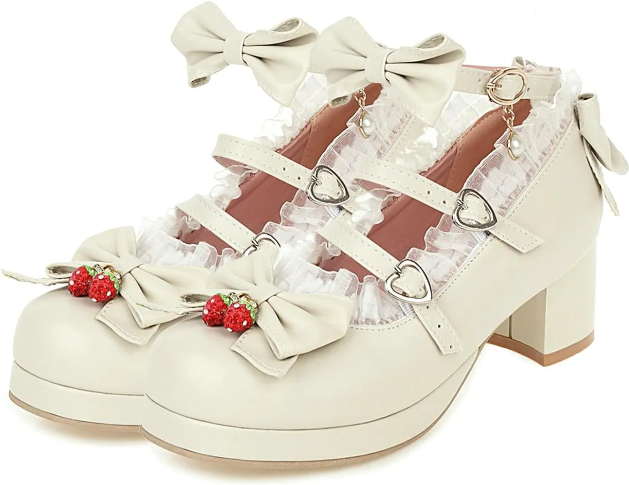 LUXMAX Women Cute Shoes Kawaii Pumps Mid Block Heel Mary Janes Platform Sweet Cosplay Dress Shoes Strappy Ankle Strap Pumps with Bow