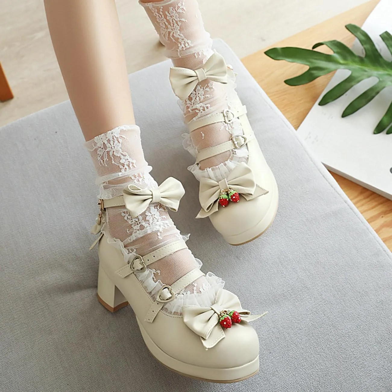LUXMAX Women Cute Shoes Kawaii Pumps Mid Block Heel Mary Janes Platform Sweet Cosplay Dress Shoes Strappy Ankle Strap Pumps with Bow