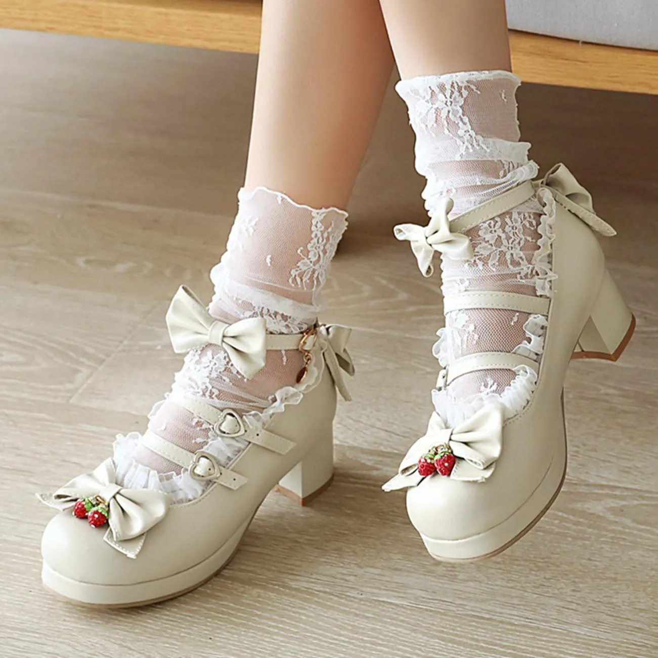LUXMAX Women Cute Shoes Kawaii Pumps Mid Block Heel Mary Janes Platform Sweet Cosplay Dress Shoes Strappy Ankle Strap Pumps with Bow
