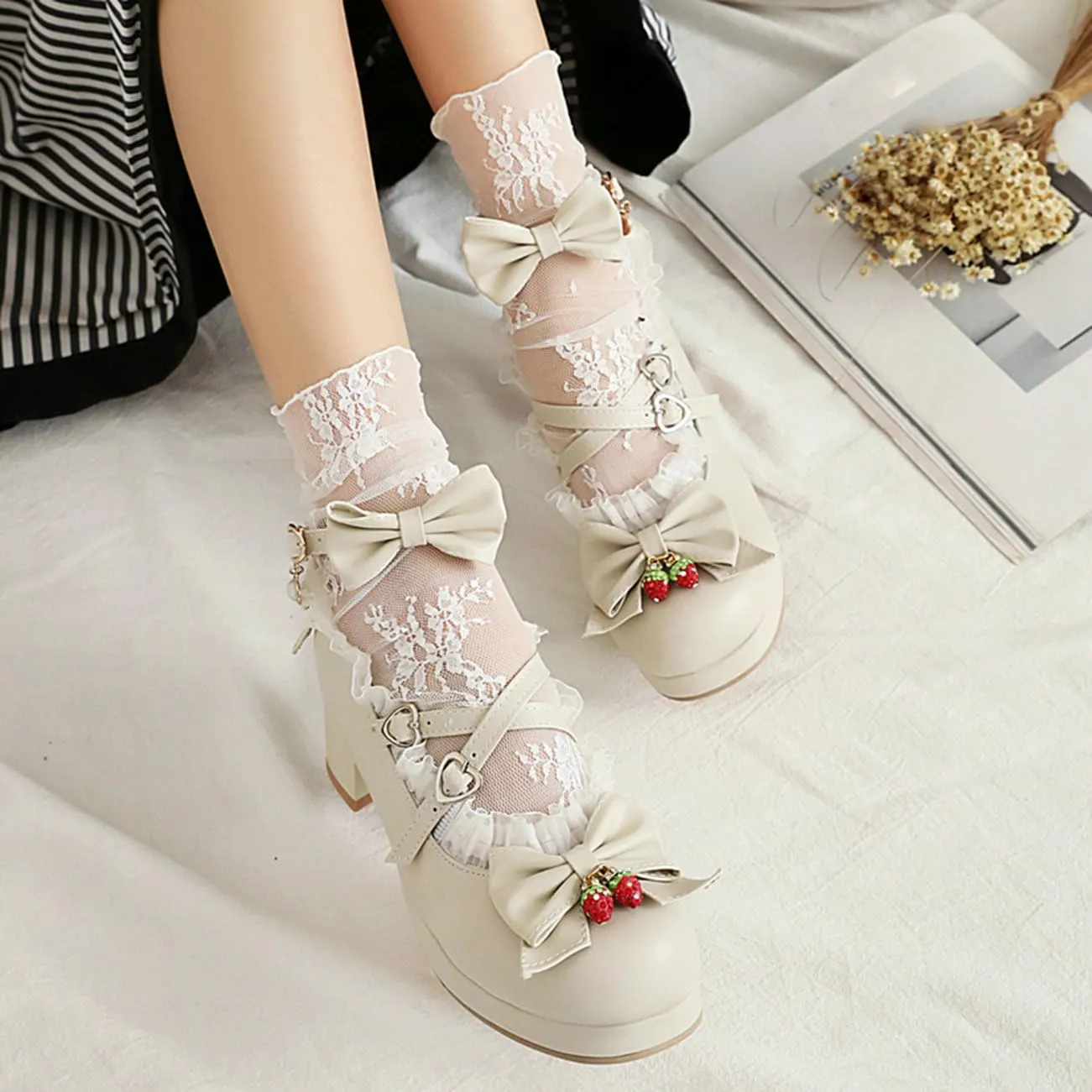 LUXMAX Women Cute Shoes Kawaii Pumps Mid Block Heel Mary Janes Platform Sweet Cosplay Dress Shoes Strappy Ankle Strap Pumps with Bow