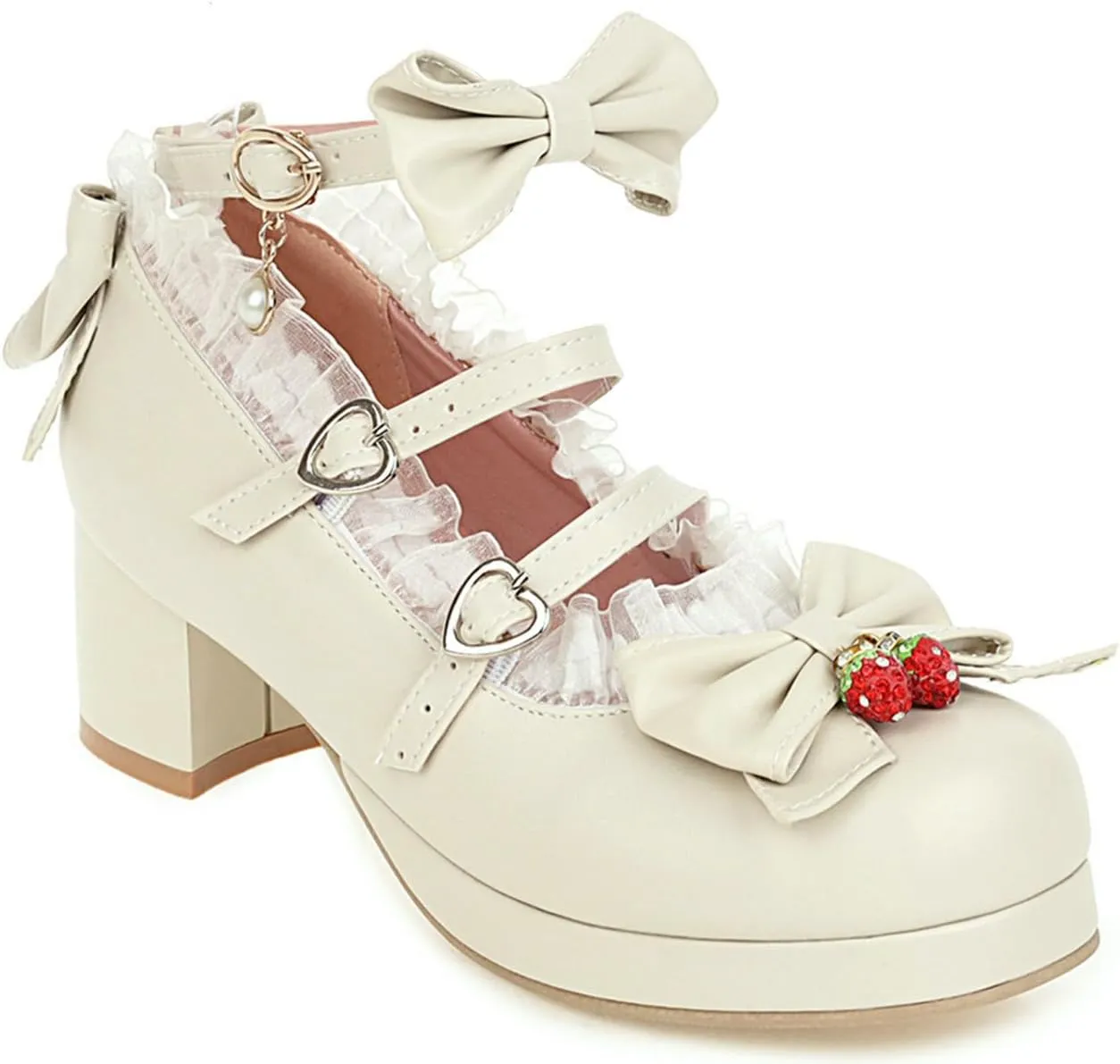 LUXMAX Women Cute Shoes Kawaii Pumps Mid Block Heel Mary Janes Platform Sweet Cosplay Dress Shoes Strappy Ankle Strap Pumps with Bow