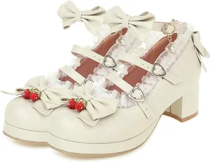 LUXMAX Women Cute Shoes Kawaii Pumps Mid Block Heel Mary Janes Platform Sweet Cosplay Dress Shoes Strappy Ankle Strap Pumps with Bow