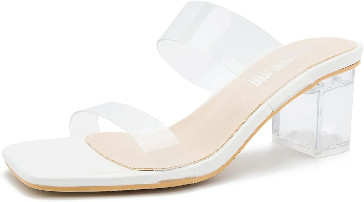 MAIERNISI JESSI Clear Heels for Women Transparent Two Strap Chunky Heel Square Toe Sandals