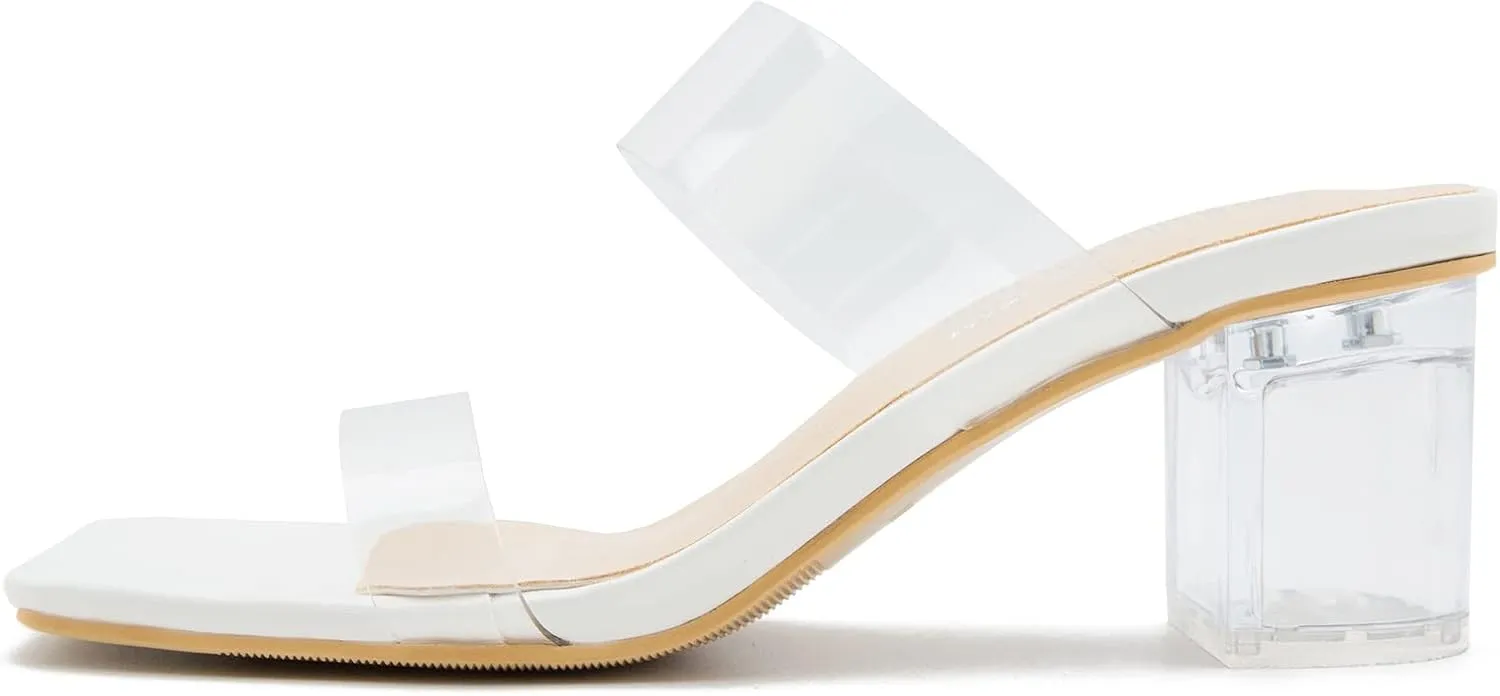 MAIERNISI JESSI Clear Heels for Women Transparent Two Strap Chunky Heel Square Toe Sandals