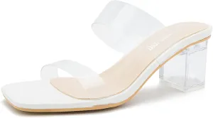 MAIERNISI JESSI Clear Heels for Women Transparent Two Strap Chunky Heel Square Toe Sandals