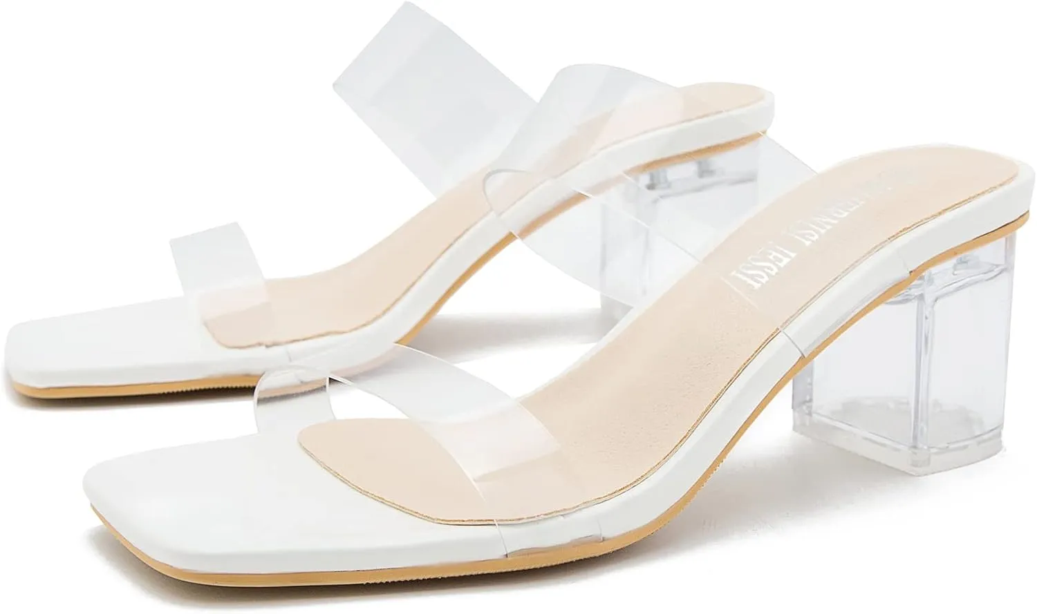 MAIERNISI JESSI Clear Heels for Women Transparent Two Strap Chunky Heel Square Toe Sandals