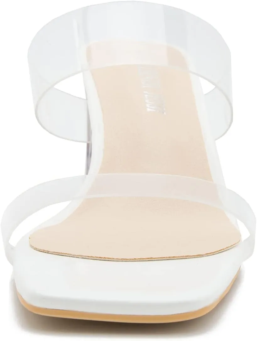 MAIERNISI JESSI Clear Heels for Women Transparent Two Strap Chunky Heel Square Toe Sandals