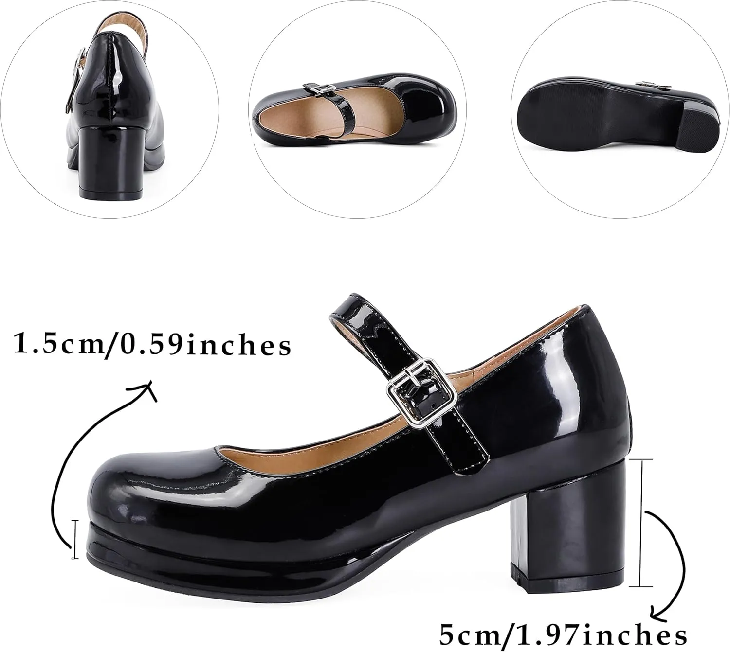Mary Jane Heels Round Closed Toe High Block Chunky Heels Mary Jane Pumps Comfortable Vintage Heels Dress Shoes